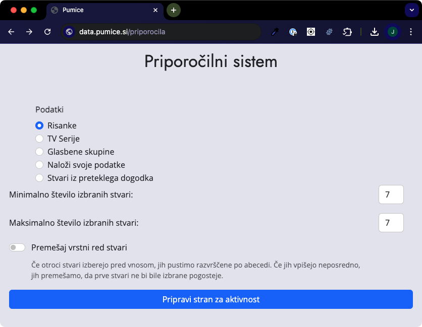 Spletna stran za vnos podatkov